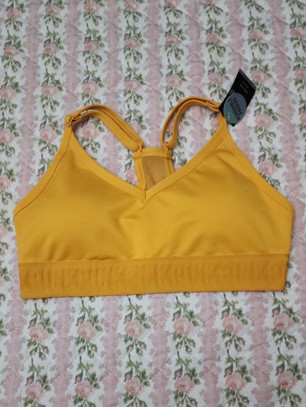 NWT PINK Ultimate Yellow Embossed Logo Crop Sports Bra XS XP